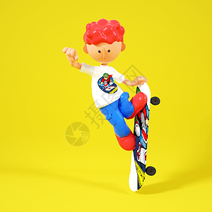 奥运C4DQ版滑板男孩跳起抓滑板直立动作3D元素插画