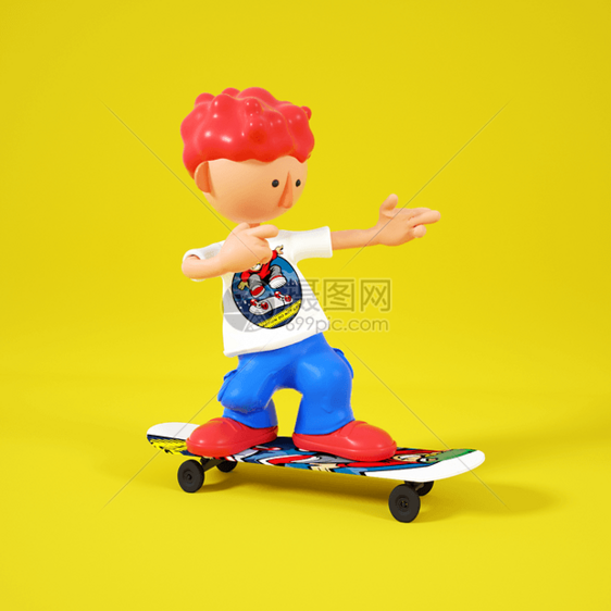 C4DQ版滑板男孩站滑板滑行摆pose动作3D元素图片