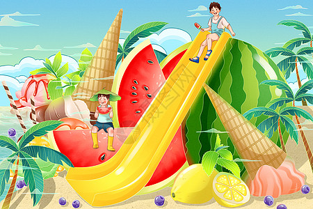 夏至印章二十四节气夏天清凉西瓜冰淇淋椰子树小孩柠檬薄荷蓝莓插画