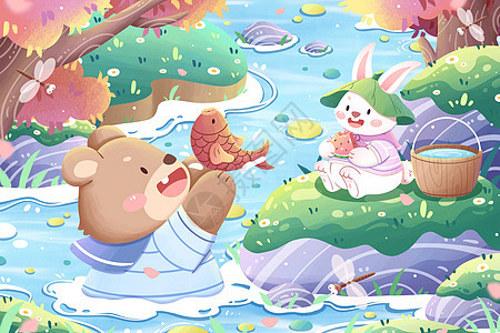 清新夏日兔子与小熊嬉水游玩卡通插画图片