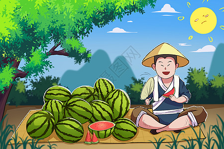 夏日酷暑卖西瓜卡通插画图片素材
