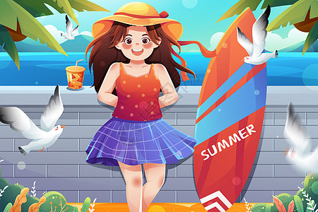 清新二十四节气海边女孩冲浪板小暑夏季插画图片