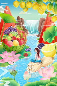 二十四节气大暑水果创意国潮插画图片