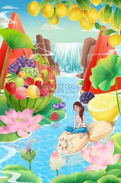 二十四节气大暑水果创意国潮插画图片