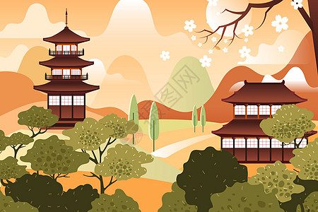 田园建筑风景立秋秋季风景中国建筑矢量插画插画