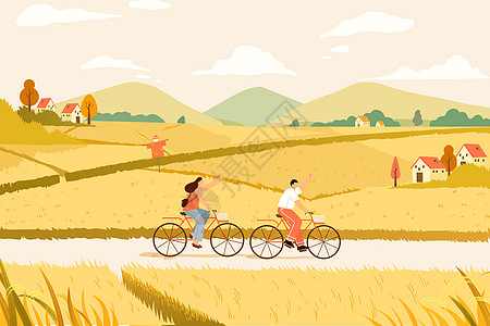 秋季郊外情侣骑车矢量插画图片