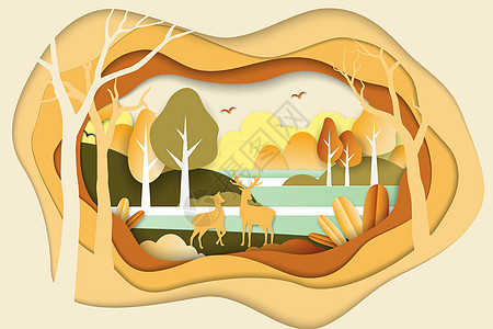 秋季郊外风景剪纸插画图片