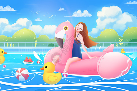 夏天大暑小暑游泳解暑小黄鸭泳池女孩插画背景背景图片