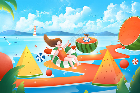 夏天海边暑假游玩水果果汁插画图片