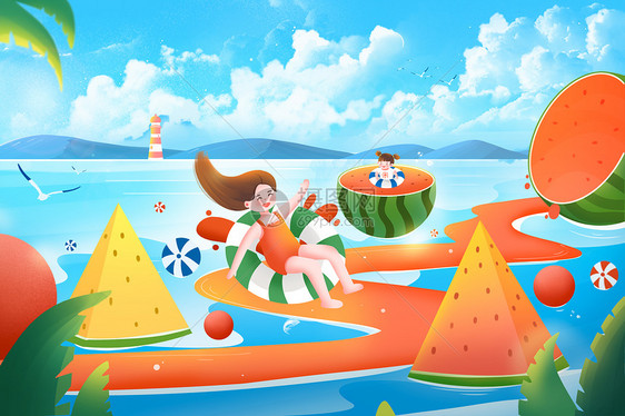 夏天海边暑假游玩水果果汁插画图片