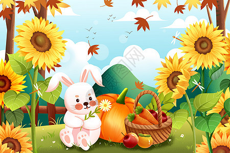 二十四节气小兔子与向日葵插画图片