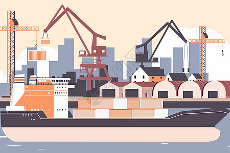 运输码头中国航海日轮船和港口插画