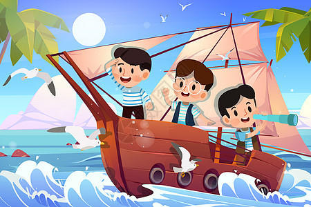 中国航海日孩子们乘坐帆船在海中激流航行图片