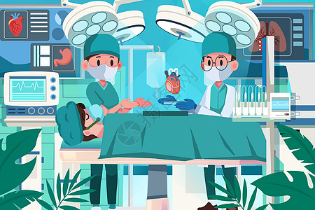 医疗插画手术室中医生为患者更换人工机械器官治疗疾病背景图片