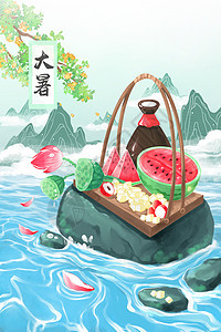 大暑清凉夏日中国风古风手绘消暑水果西瓜莲蓬背景图片