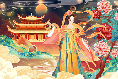 国潮中国风古风美女唯美山水建筑风景背景插画图片