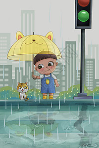 雨天等公交的小男孩图片