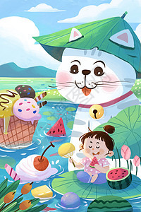 三伏天夏天猫咪女孩冰淇淋风景开屏插画图片