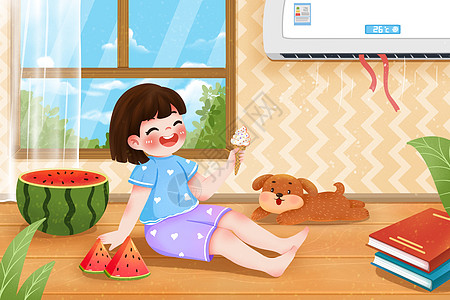 炎热夏天在空调屋里吃冰激凌的女孩插画