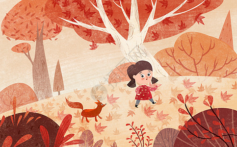 秋天树下的小女孩和小狐狸图片