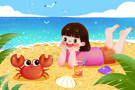 在海边沙滩看小螃蟹的女孩插画图片