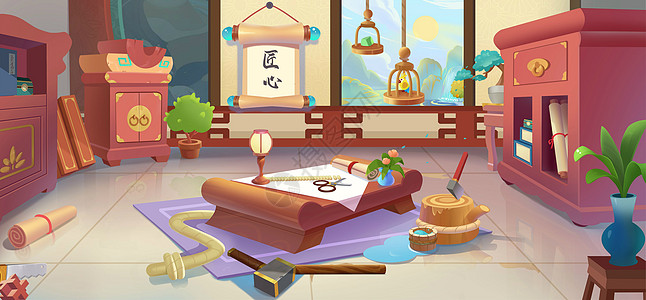 卡通风格渐变古代学堂场景图片素材