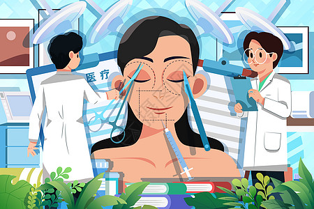 医疗插画医生为女生做美容医疗手术准备图片