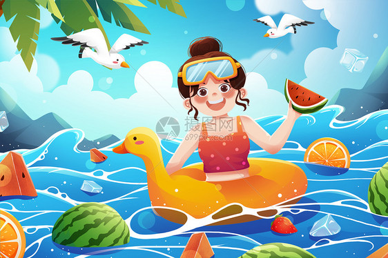 清新二十四节气大暑游泳圈女孩夏季消暑插画图片