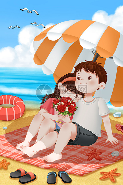 海边沙滩上坐在伞下的情侣图片