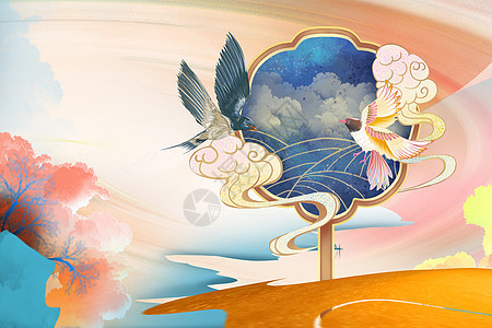 中式手绘国潮风背景背景图片
