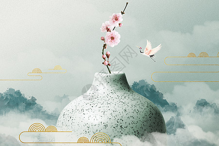 仙鹤古风背景花瓶插画大气创意新中式背景设计图片