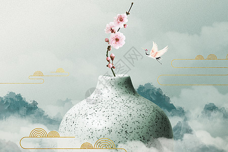 花瓶插画大气创意新中式背景图片