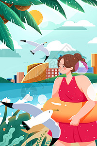 大暑海边游泳少女节气插画背景图片