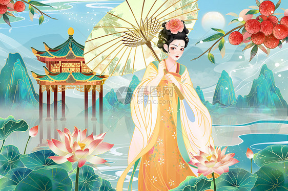 国潮中国风古风美女唯美夏季夏天山水建筑风景背景插画图片