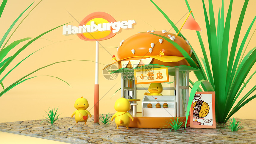 C4D汉堡小场景建模可爱的Q版小鸭子汉堡店早餐店模型图片
