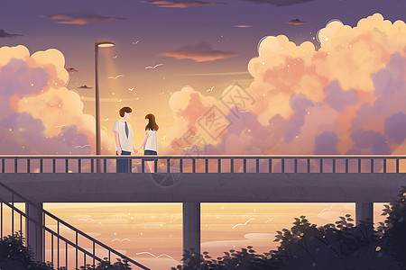七夕情人节夏日黄昏情侣在天桥约会散步插画图片