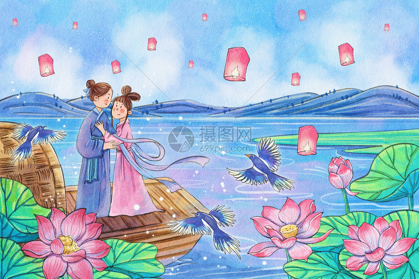 七夕情侣相会古风水彩唯美治愈系风景插画图片