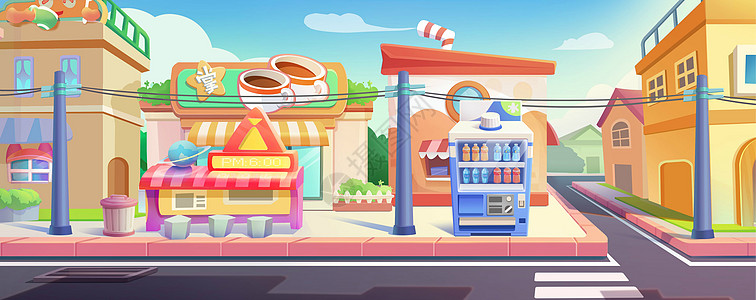 sku设定卡通风格渐变室外城市街道商业街场景1插画