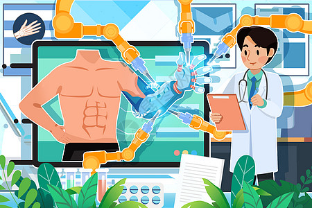 医疗插画医生在线展示介绍人工机械手臂安装使用过程图片