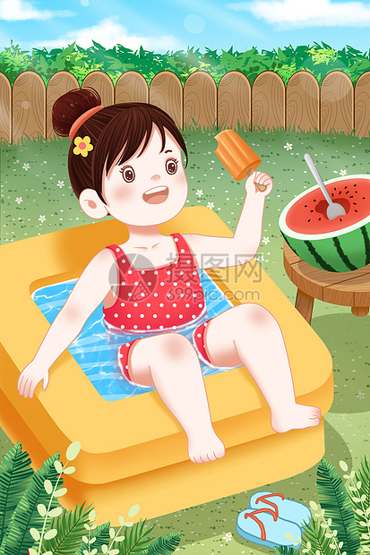 炎热夏天玩水吃雪糕的女孩图片