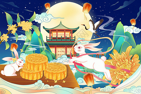 传统节日中秋国潮创意插画图片