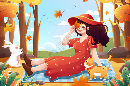二十四节气女孩猫与兔子落叶秋季插画图片