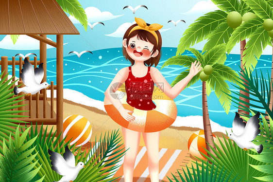 清凉夏天暑假大暑女生海边游泳插画图片
