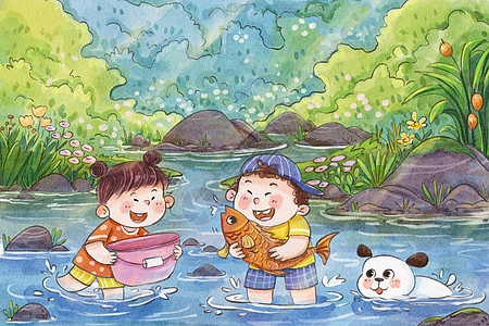 大暑暑假夏天夏季小溪抓鱼可爱治愈系插画图片