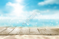 蓝色木纹木版唯美海滩背景图片