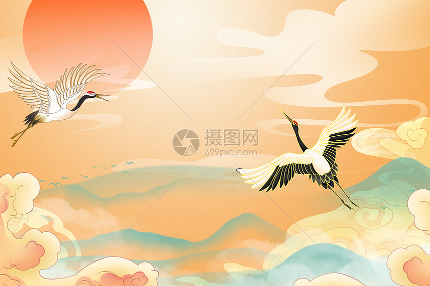 红日仙鹤清新国潮背景图片