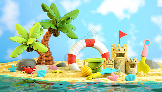 公螃蟹夏日海滩卡通场景设计图片