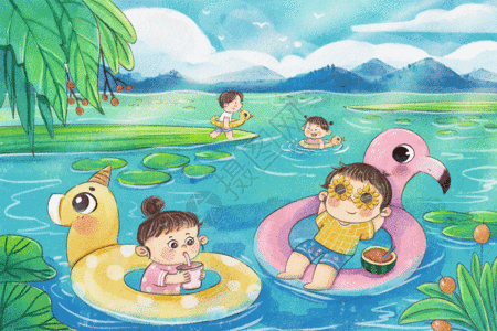 水彩水夏日儿童游泳可爱治愈插画GIF高清图片