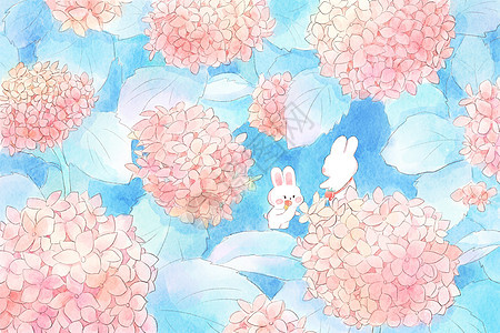 兔子童话绣球花丛水彩风可爱治愈横版插画背景图片