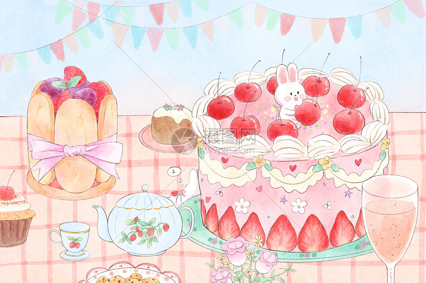 兔子早餐甜点食物水彩风可爱治愈横版插画图片